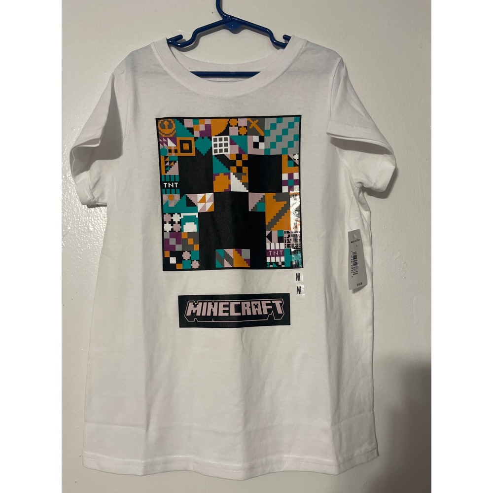 Minecraft Girls White Graphic Tee Creeper Pixel Art Shirt Size M 10-12 NWT